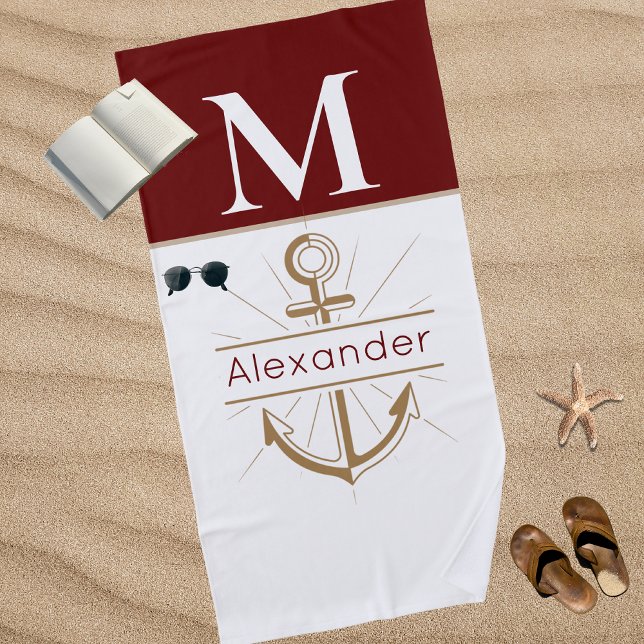 Coastal Anchor Burgundy Maroon Nautical Beach Beach Towel (Creator Uploaded)