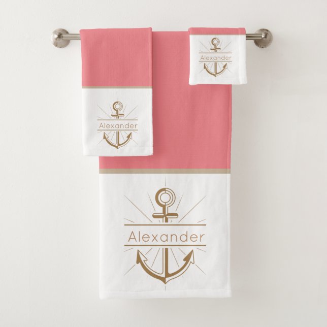 Coastal Anchor Coral Peach Nautical Bath Towel Set (Insitu)