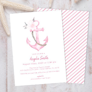 Coastal Anchor Nautical Pink Girl Baby Shower Invitation