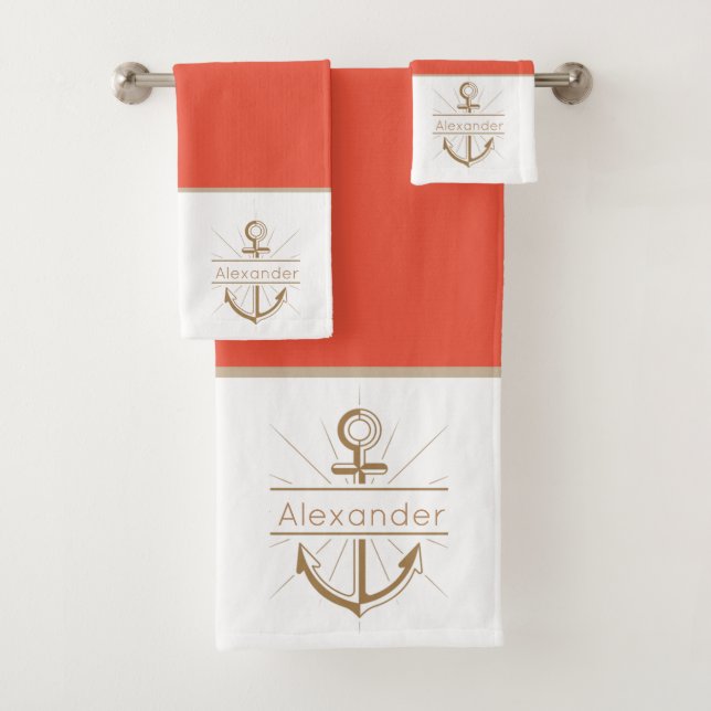 Coastal Anchor Orange Nautical Bath Towel Set (Insitu)