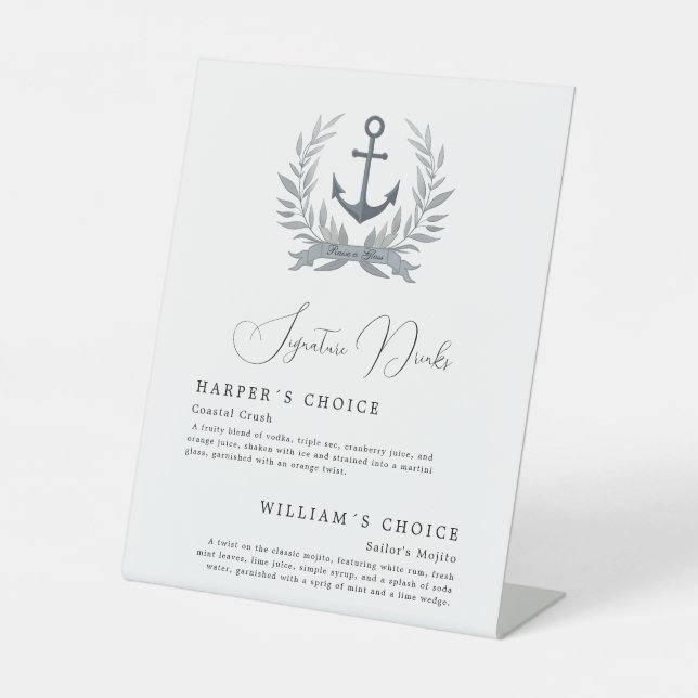 Coastal anchor signature drinks wedding menu pedestal sign (Front)