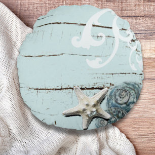 Coastal aqua blue beach wood starfish seashell round cushion
