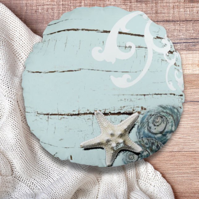 Coastal aqua blue beach wood starfish seashell round cushion (Coastal aqua blue beach wood starfish seashell round pillow)