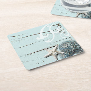 Coastal aqua blue beach wood starfish seashell square paper coaster