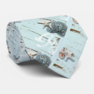 Coastal aqua blue beach wood starfish seashell tie