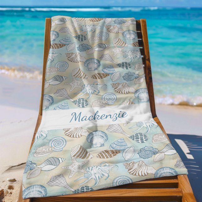 Coastal Aqua Blue Sand Seashells Personalized  Beach Towel (Creator Uploaded)