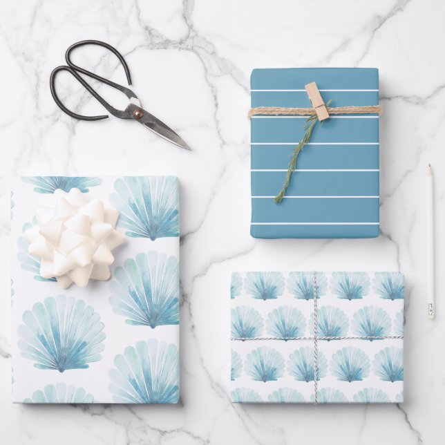 Coastal Aqua Scallop Seashell Personalised Wrapping Paper Sheet (Front)