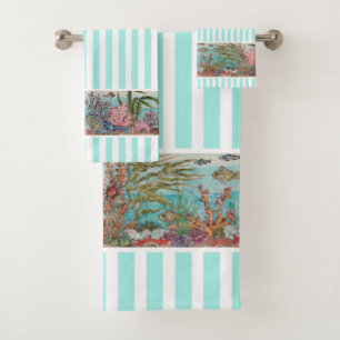 Coastal Aqua Stripe Sealife Vintage Beach House Bath Towel Set
