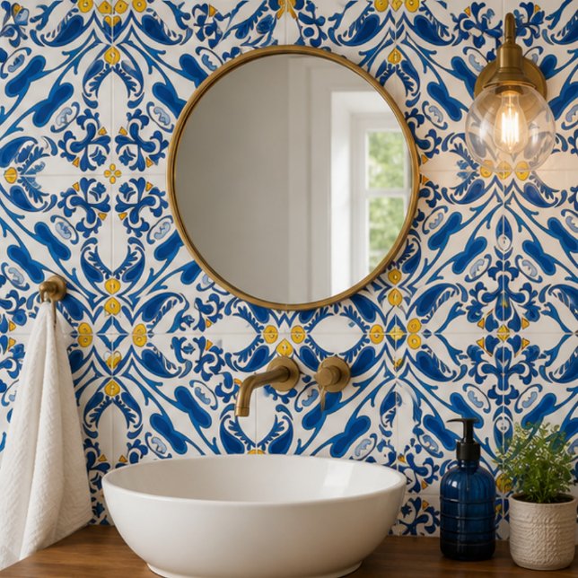 Coastal Arabesque Blue Botanical Mosaic Elegant  Ceramic Tile (Creator Uploaded)