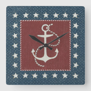 Coastal Art   Anchor on Red Square Wall Clock