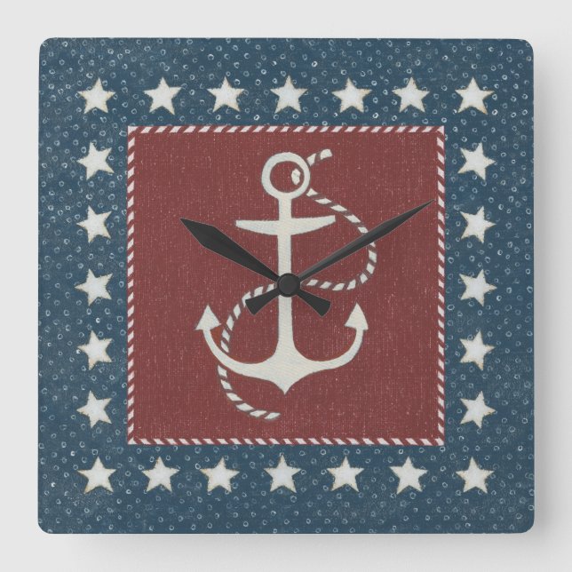Coastal Art | Anchor on Red Square Wall Clock (Front)