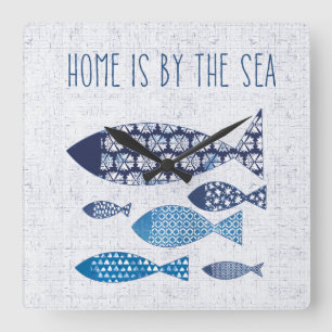 Coastal Art   Home is By the Sea Square Wall Clock