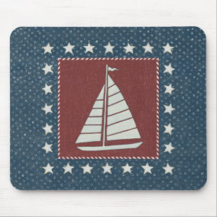 Coastal Art Sailboat on Red Mouse Pad