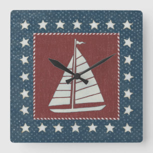 Coastal Art Sailboat on Red Square Wall Clock