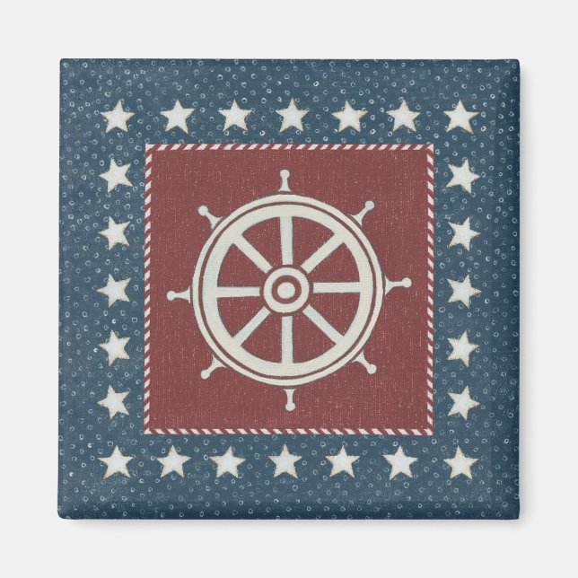 Coastal Art | Ship wheel on Red Magnet (Front)
