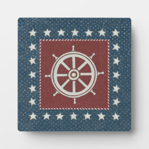 Coastal Art   Ship wheel on Red Plaque