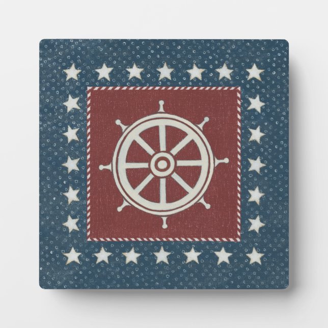 Coastal Art | Ship wheel on Red Plaque (Front)