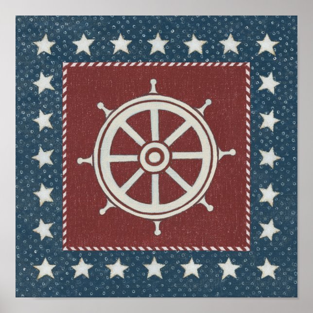 Coastal Art | Ship wheel on Red Poster (Front)