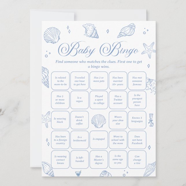 Coastal Baby Shower Find the Guest Bingo Game Card (Front)