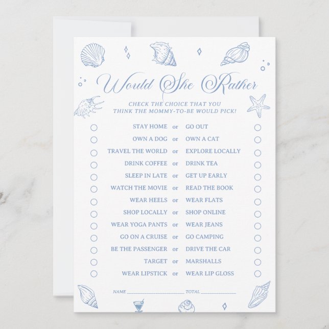 Coastal Baby Shower Would She Rather Game Card (Front)