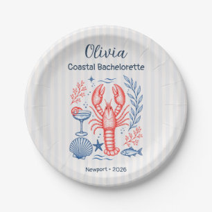 Coastal Bachelorette Blue Coral Lobster Paper Plate