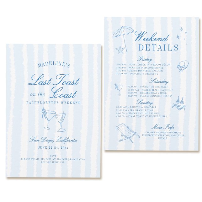 Coastal Bachelorette Last Toast Hand Drawn Stripes Invitation (coastal bachelorette party invitation last toast on the coast hand drawn stripes blue itinerary)