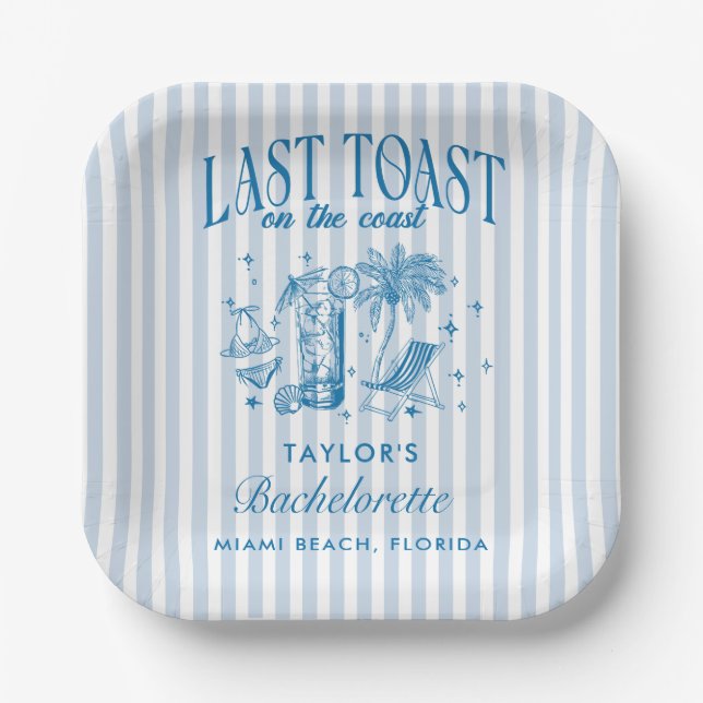 Coastal Bachelorette Modern Cocktail Party Blue Paper Plate (Front)