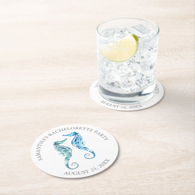 Coastal Bachelorette Party Seahorse Round Paper Coaster (Insitu)