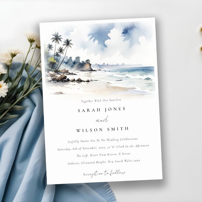 Coastal Bali Beach Palm Tree Watercolor Wedding Invitation (Creator Uploaded)
