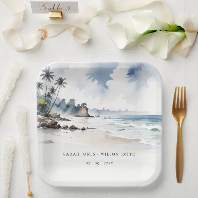Coastal Bali Beach Palm Tree Watercolor Wedding Paper Plate (Wedding)