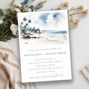 Coastal Bali Beach Palm Trees Rehearsal Dinner Invitation