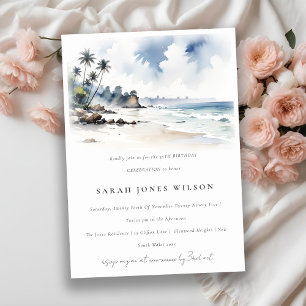 Coastal Bali Beach Palm Trees Watercolor Birthday Invitation