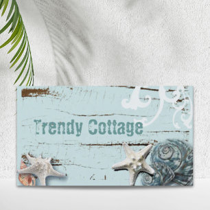 Coastal barn wood aqua blue starfish seashells business card