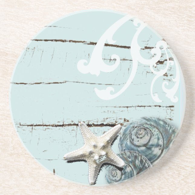 Coastal barn wood aqua blue starfish seashells coaster (Front)