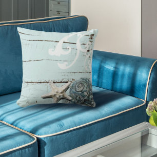 Coastal barn wood aqua blue starfish seashells cushion