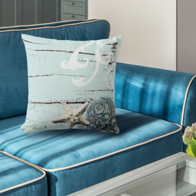 Coastal barn wood aqua blue starfish seashells cushion (Coastal barn wood aqua blue starfish seashells throw pillow)