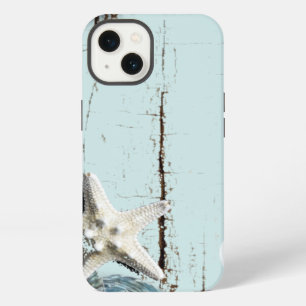 Coastal barn wood aqua blue starfish seashells iPhone case