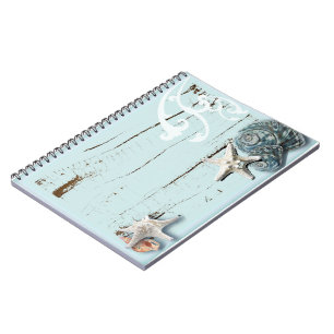 Coastal barn wood aqua blue starfish seashells notebook
