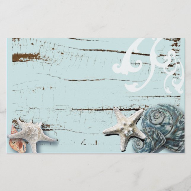 Coastal barn wood aqua blue starfish seashells stationery (Front)