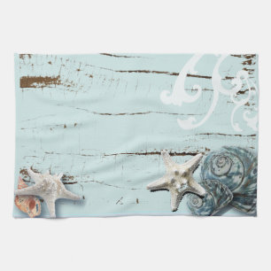 Coastal barn wood aqua blue starfish seashells tea towel