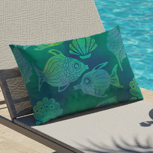 Coastal Batik Fish Seashells Pattern Blue Lumbar Cushion