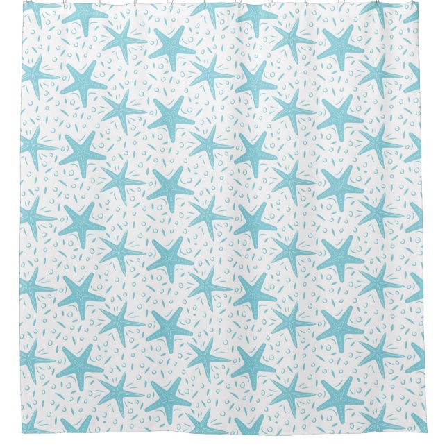 Coastal Beach Aqua Blue Starfish Pattern Shower Curtain (Front)