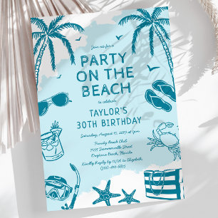Coastal Beach Blue Doodle Birthday Party Invitation