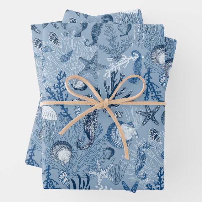Coastal Beach Blue Ocean Sea Life Wrapping Paper Sheet (In situ)