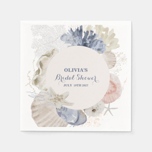 Coastal Beach blue seashell bridal shower Napkin (Front)