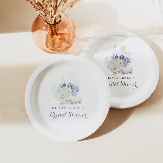 Coastal Beach blue seashell bridal shower Paper Plate (Creator Uploaded)