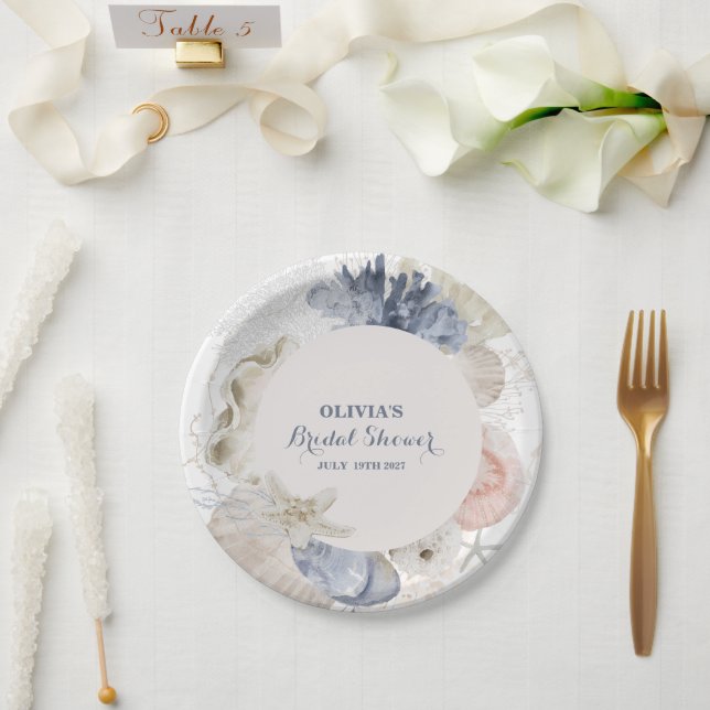 Coastal Beach blue seashell bridal shower Paper Plate (Wedding)