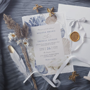 Coastal beach blue seashell qr code wedding invitation