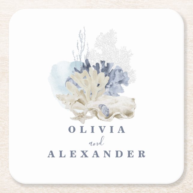Coastal Beach blue seashell wedding Square Paper Coaster (Front)