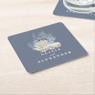 Coastal Beach blue seashell wedding Square Paper Coaster